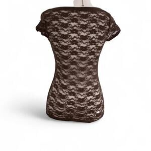 Brown Full Lace Back Fitted Short Sleeve Top Cute Pocket Detail Women Size Small